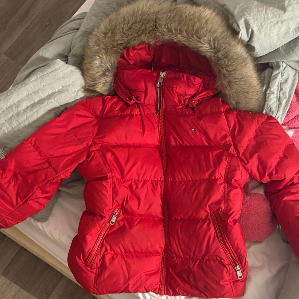 Tommy Hilfiger Red Puffer Jacket with Fur Hood
